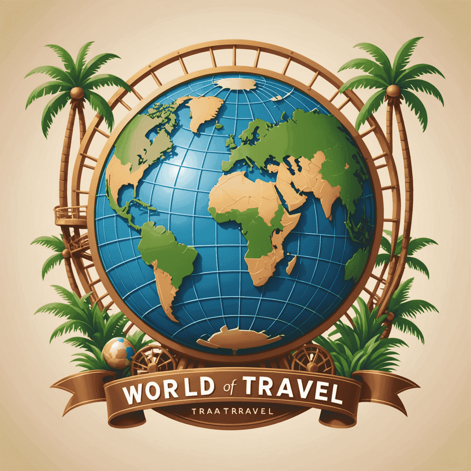 World Of Travel logo featuring a stylized globe with roller coaster tracks and palm trees