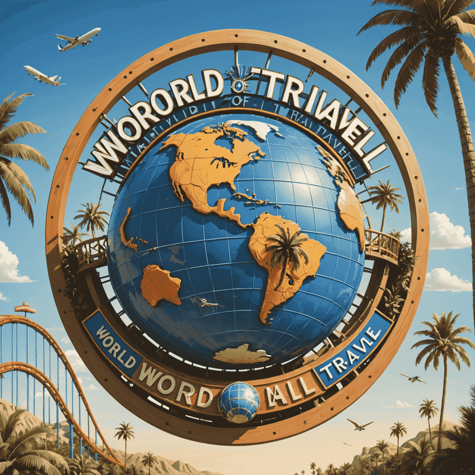 World Of Travel logo featuring a stylized globe with roller coaster tracks and palm trees