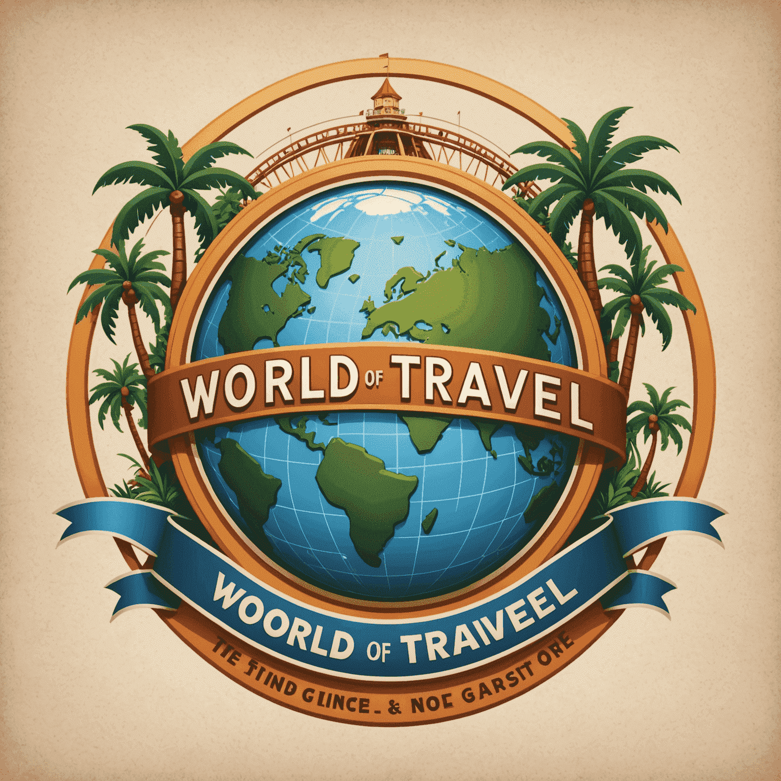 World Of Travel logo featuring a stylized globe with roller coaster tracks and palm trees
