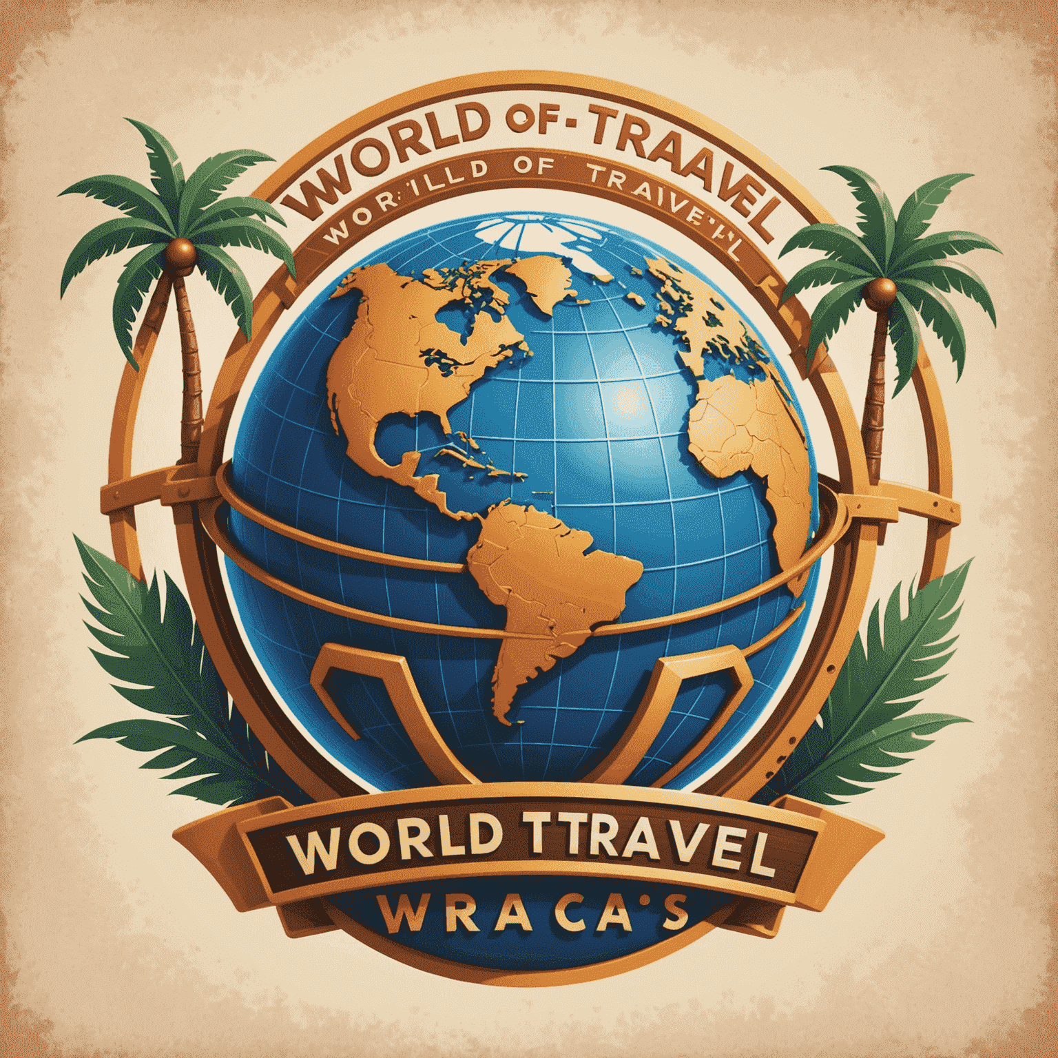 World Of Travel logo featuring a stylized globe with roller coaster tracks and palm trees