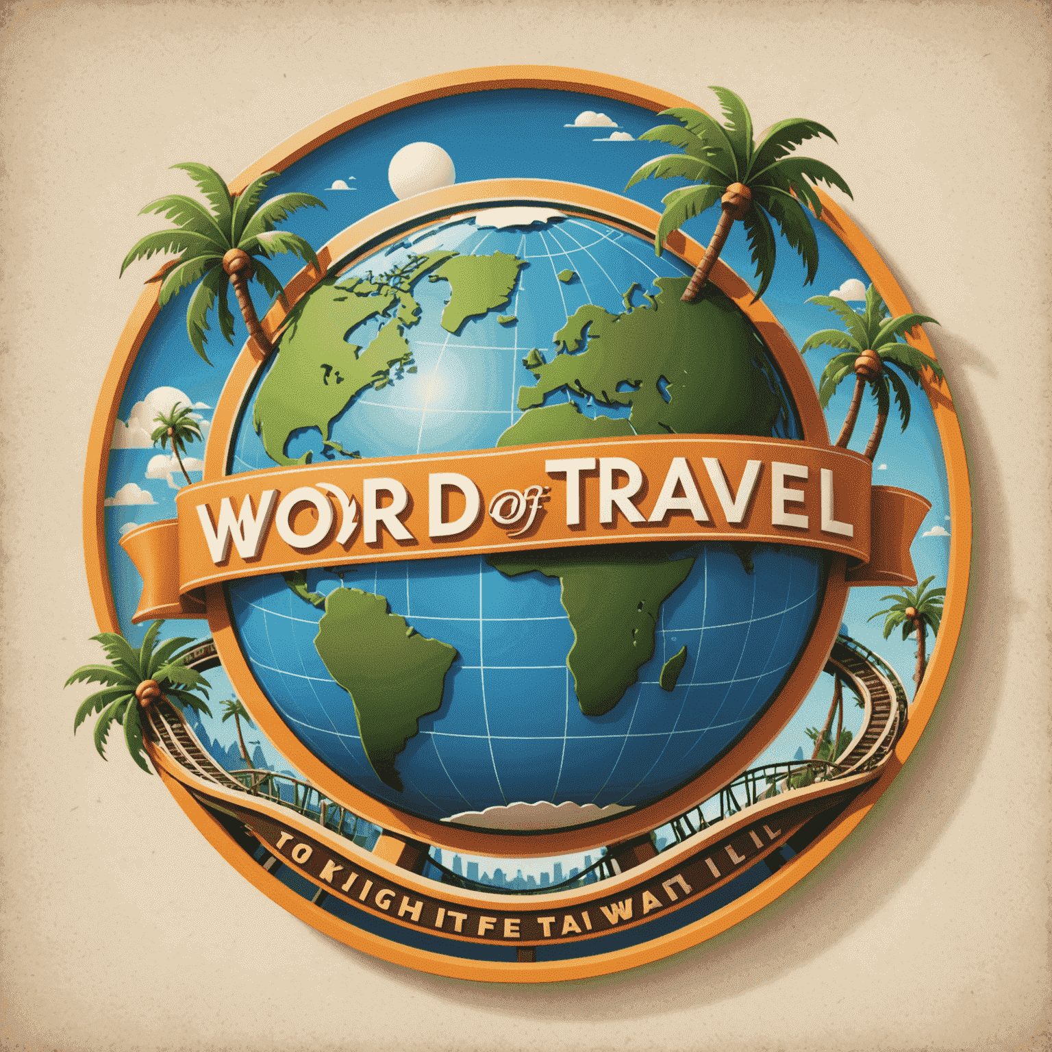 World Of Travel logo featuring a stylized globe with roller coaster tracks and palm trees