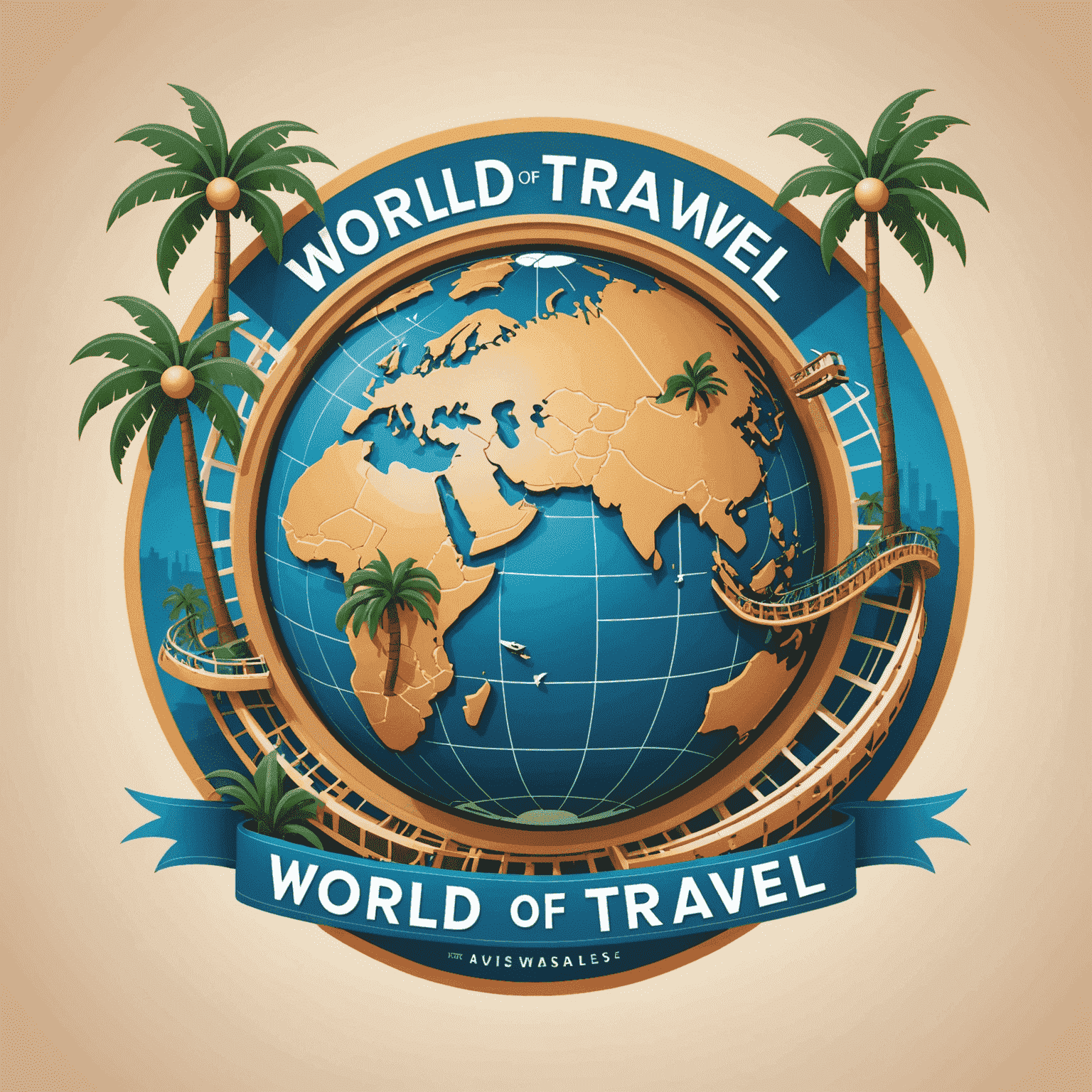 World Of Travel logo featuring a stylized globe with roller coaster tracks and palm trees