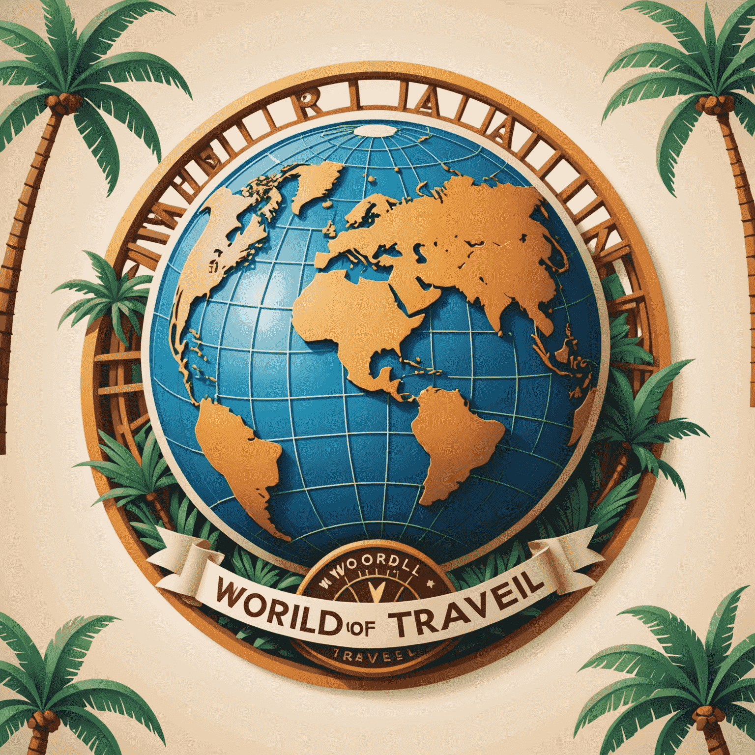 World Of Travel logo featuring a stylized globe with roller coaster tracks and palm trees
