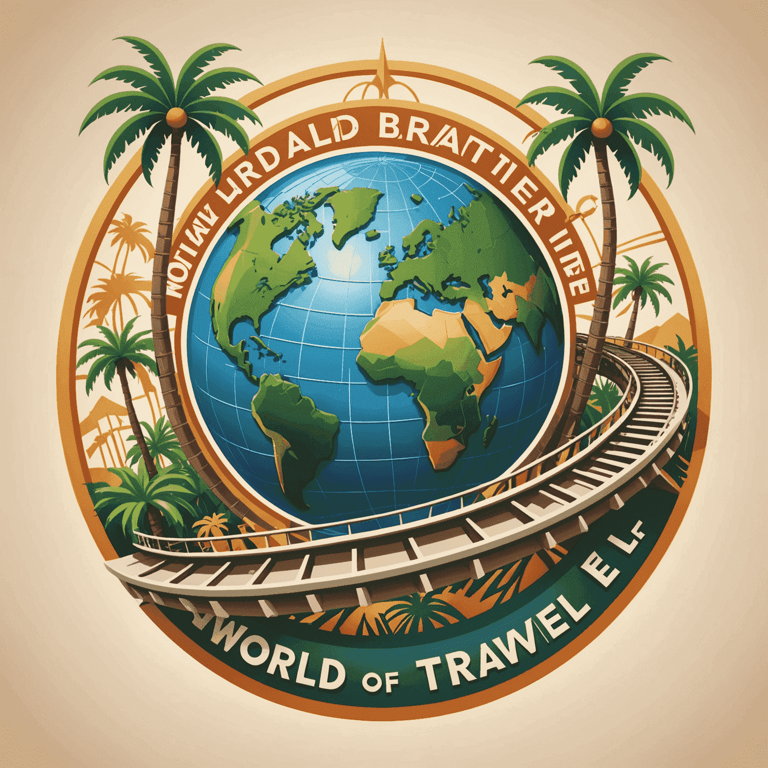 World Of Travel logo featuring a stylized globe with roller coaster tracks and palm trees