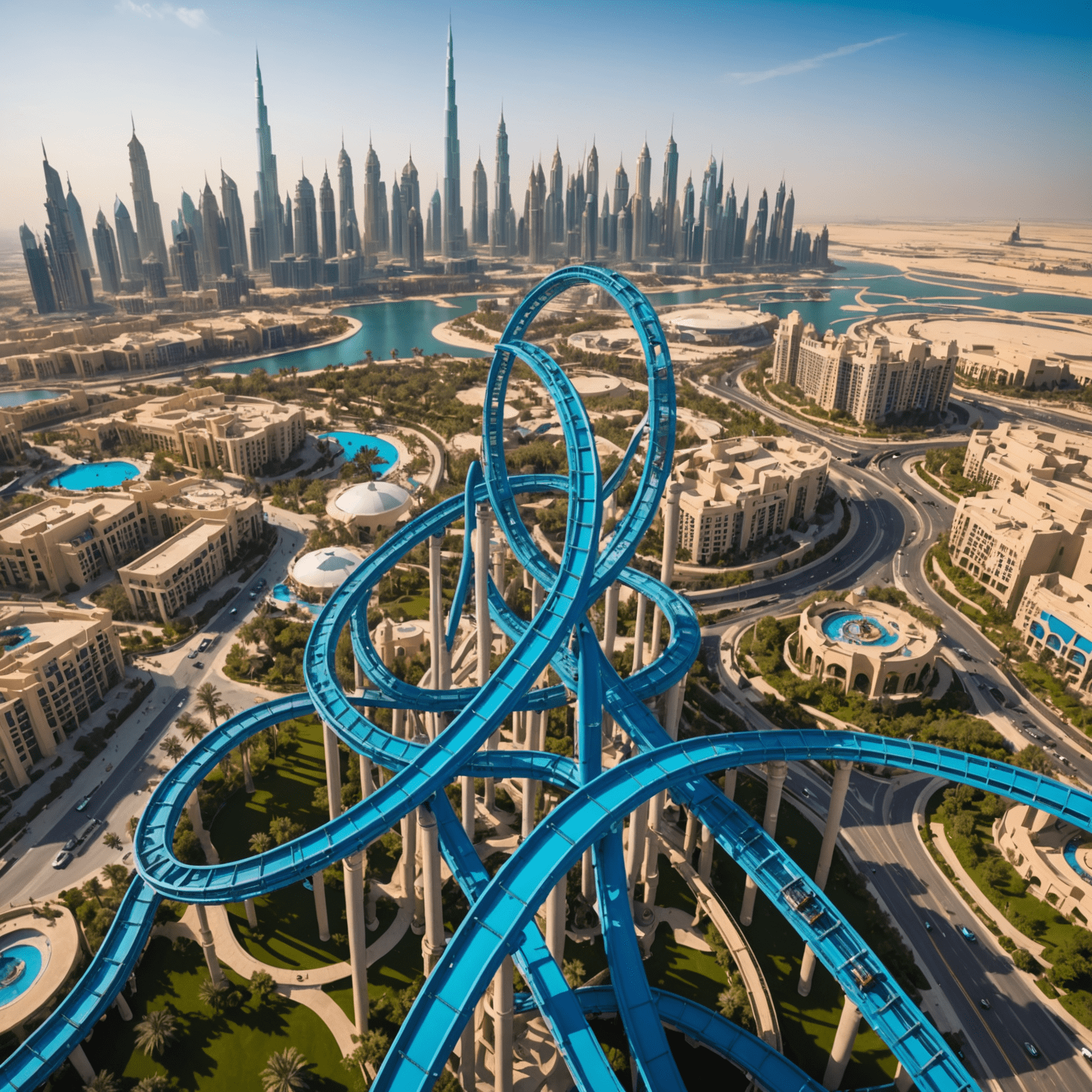 Aerial view of Dubai's newest theme park attraction, featuring a massive roller coaster with multiple loops and twists set against the backdrop of Dubai's iconic skyline