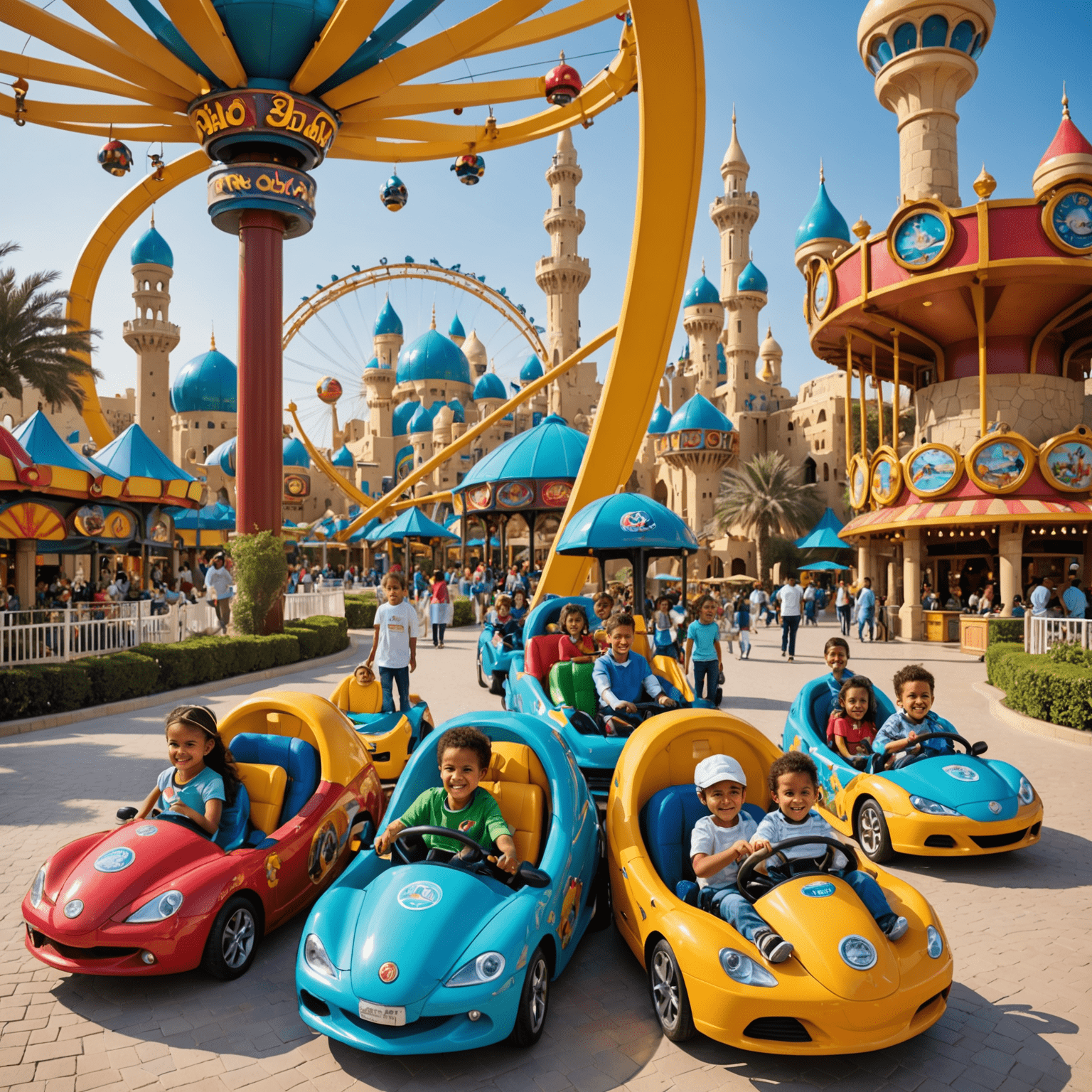 A vibrant collage of Dubai's latest family-friendly theme park attractions, featuring colorful rides, smiling children, and iconic park mascots