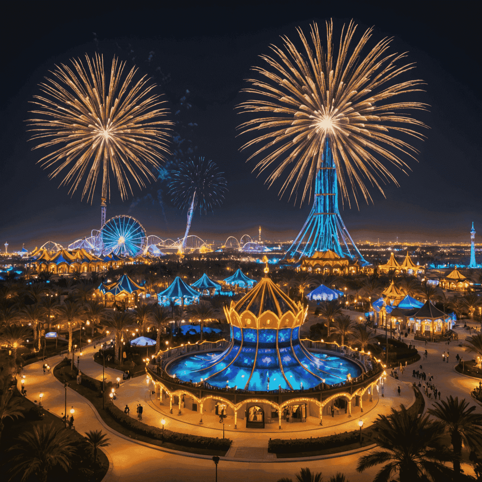 Fireworks display over Dubai Parks and Resorts during a nighttime festival, with colorful lights illuminating roller coasters and attractions