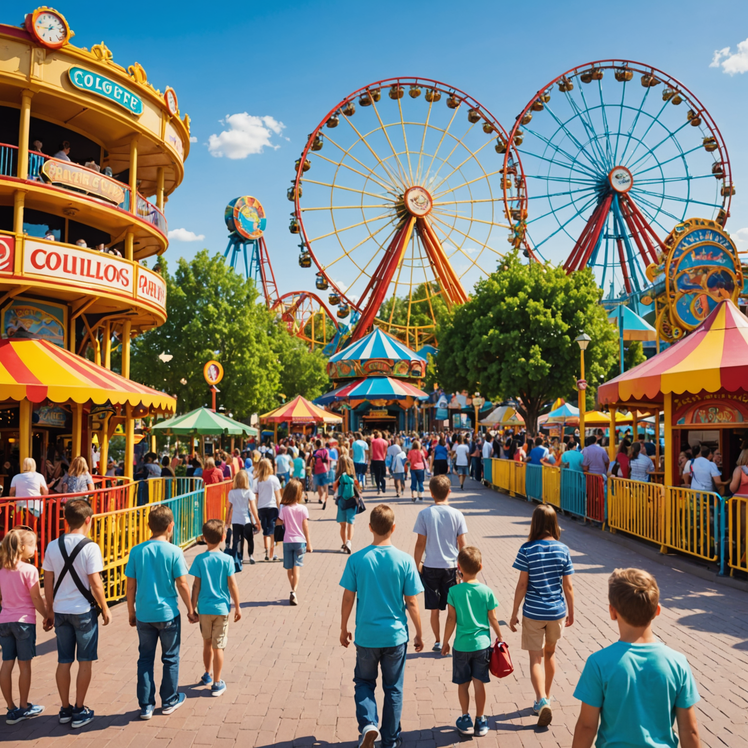 Colorful theme park entrance with roller coasters and ferris wheel in the background, families queuing to buy tickets