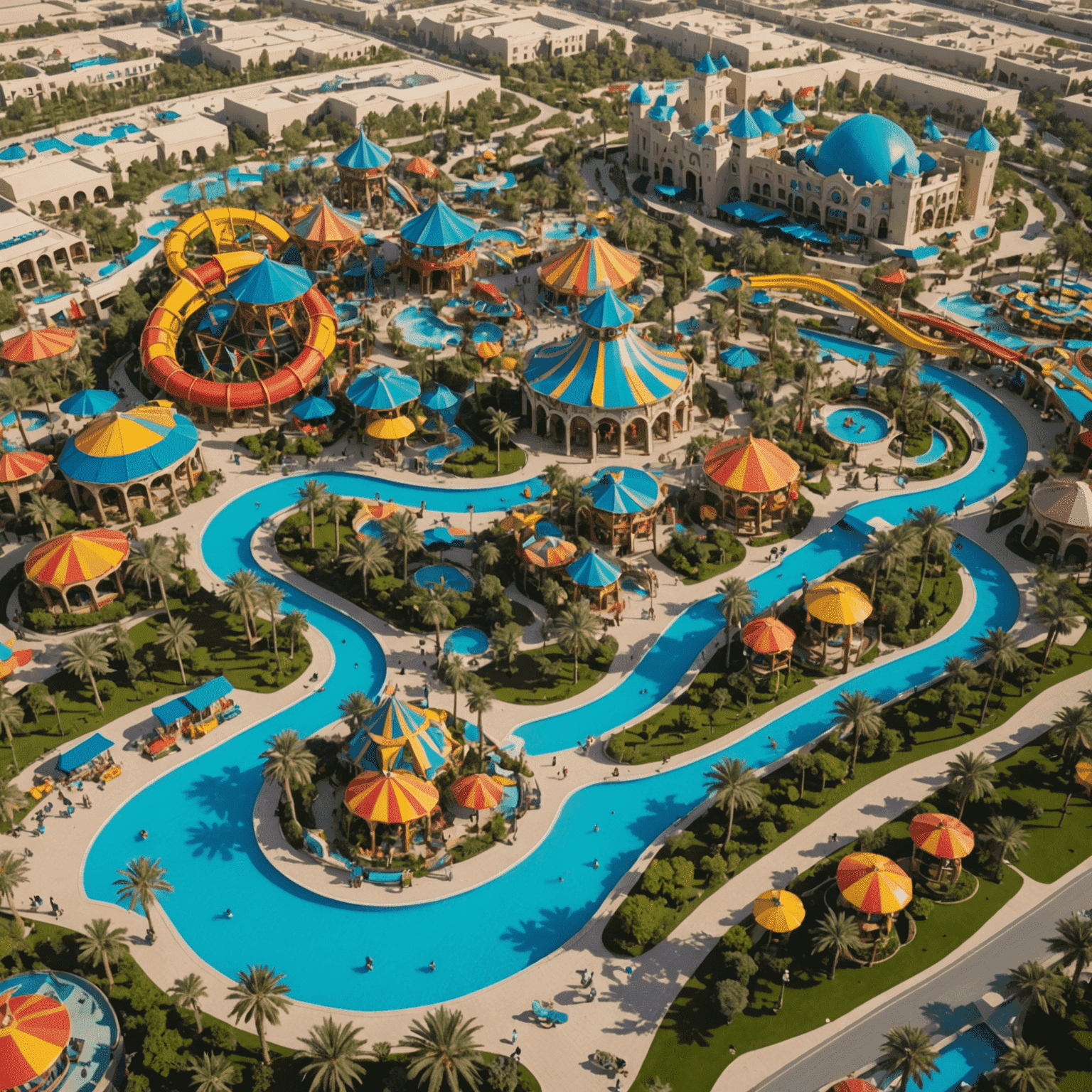 Aerial view of Dubai Parks and Resorts with colorful rides, water parks, and themed areas