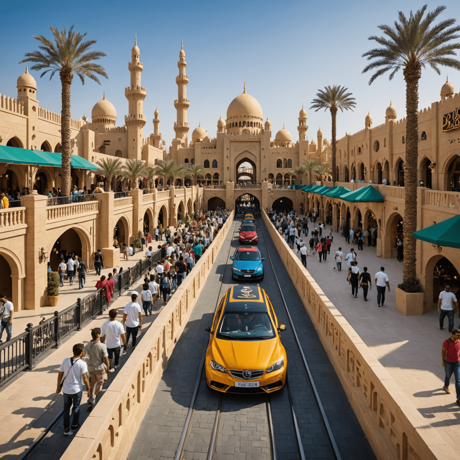 Excited visitors enjoying VIP fast-track entry to a Dubai theme park, bypassing long queues