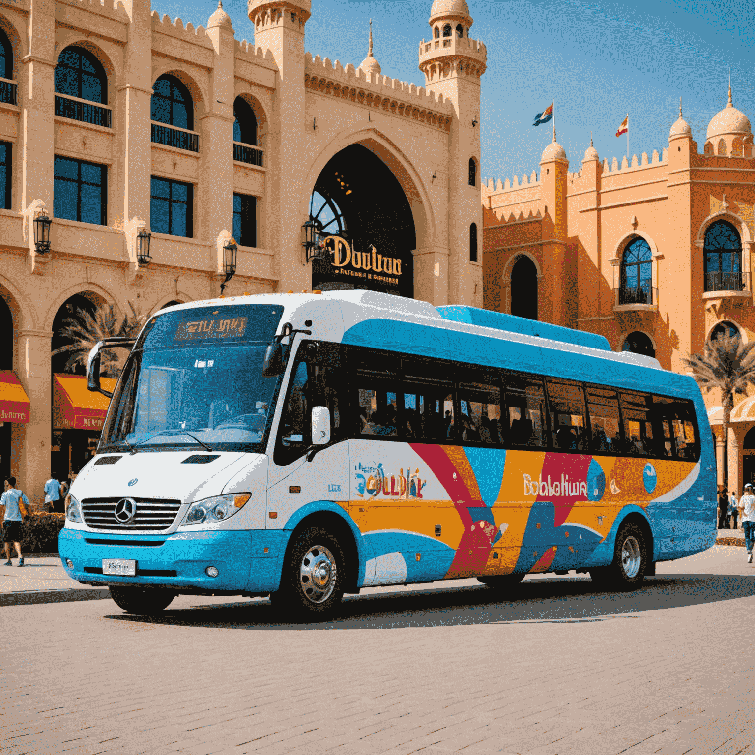 Luxury shuttle bus parked in front of a colorful Dubai theme park entrance, with excited families boarding