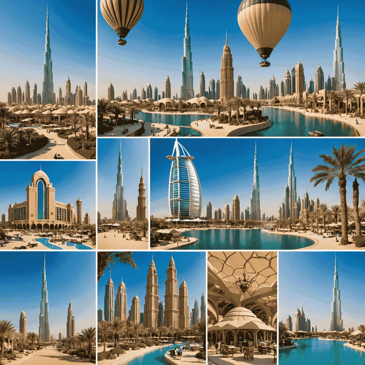 Collage of Dubai attractions including theme parks, Burj Khalifa, and desert safari
