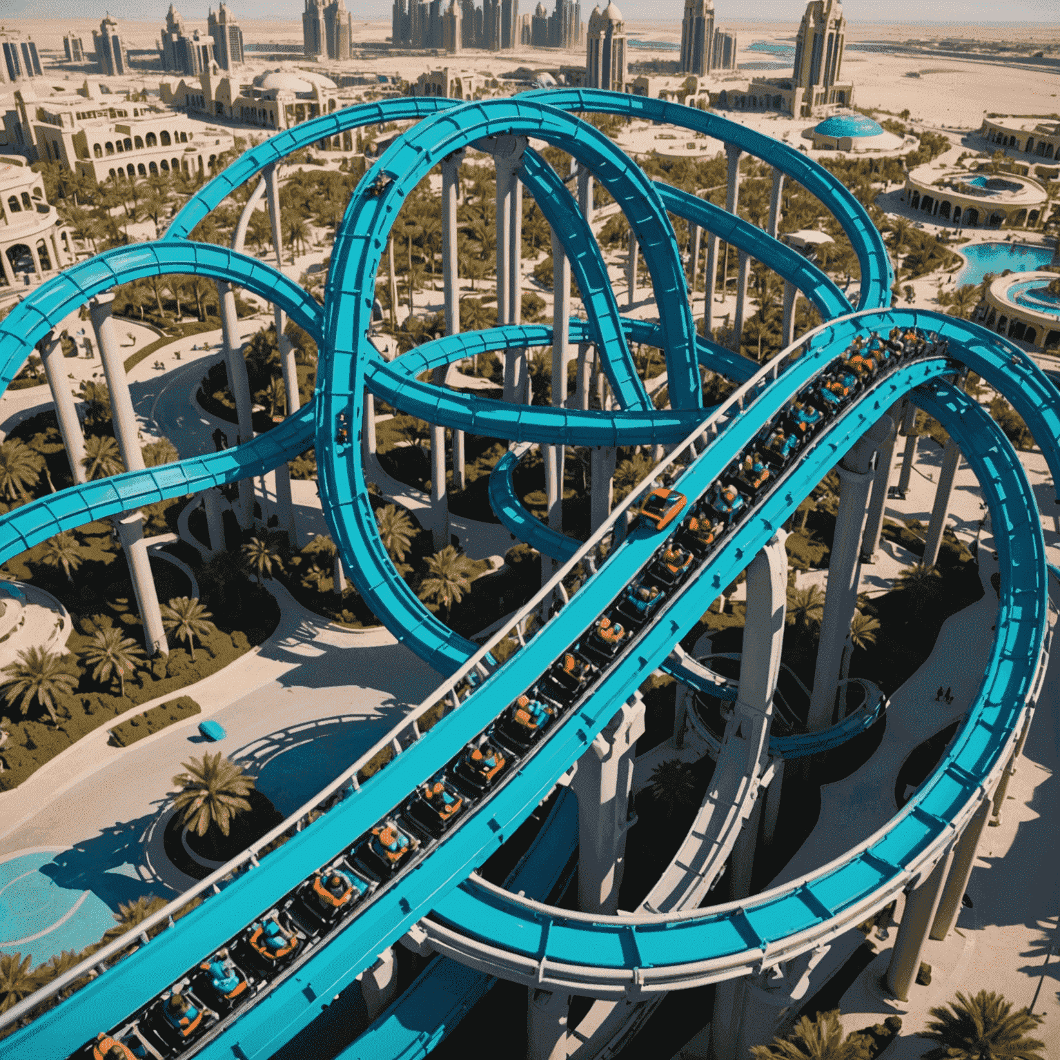 Exciting new roller coaster with loops and twists in a futuristic Dubai theme park setting