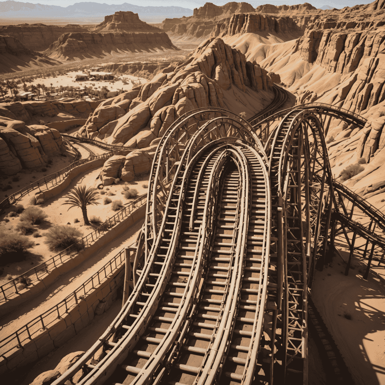Close-up of the 'Desert Storm' roller coaster, showcasing its steep drops and intricate track design amidst a desert-themed landscape
