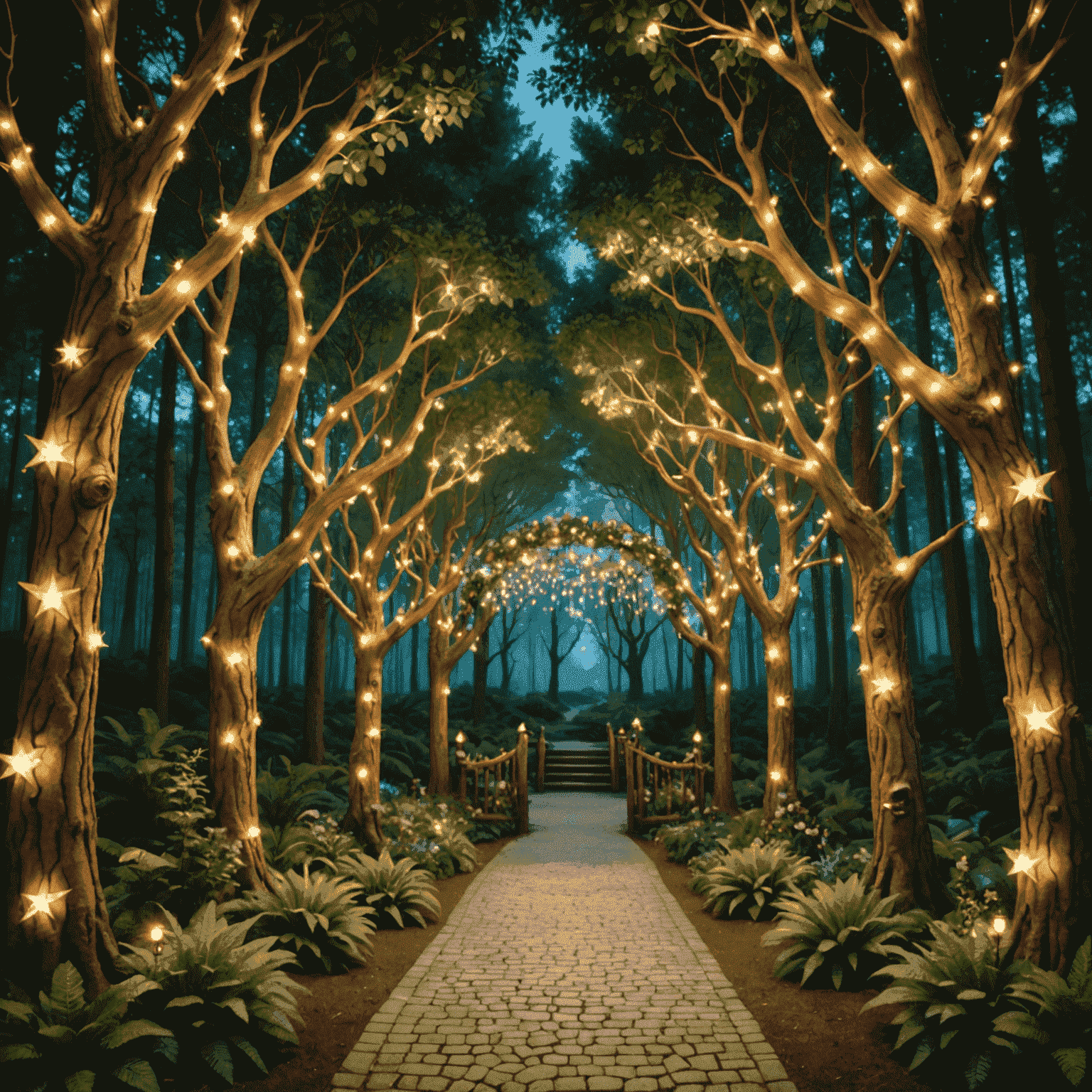 The entrance to the new 'Enchanted Forest' zone, with towering magical trees and twinkling lights creating a mesmerizing atmosphere