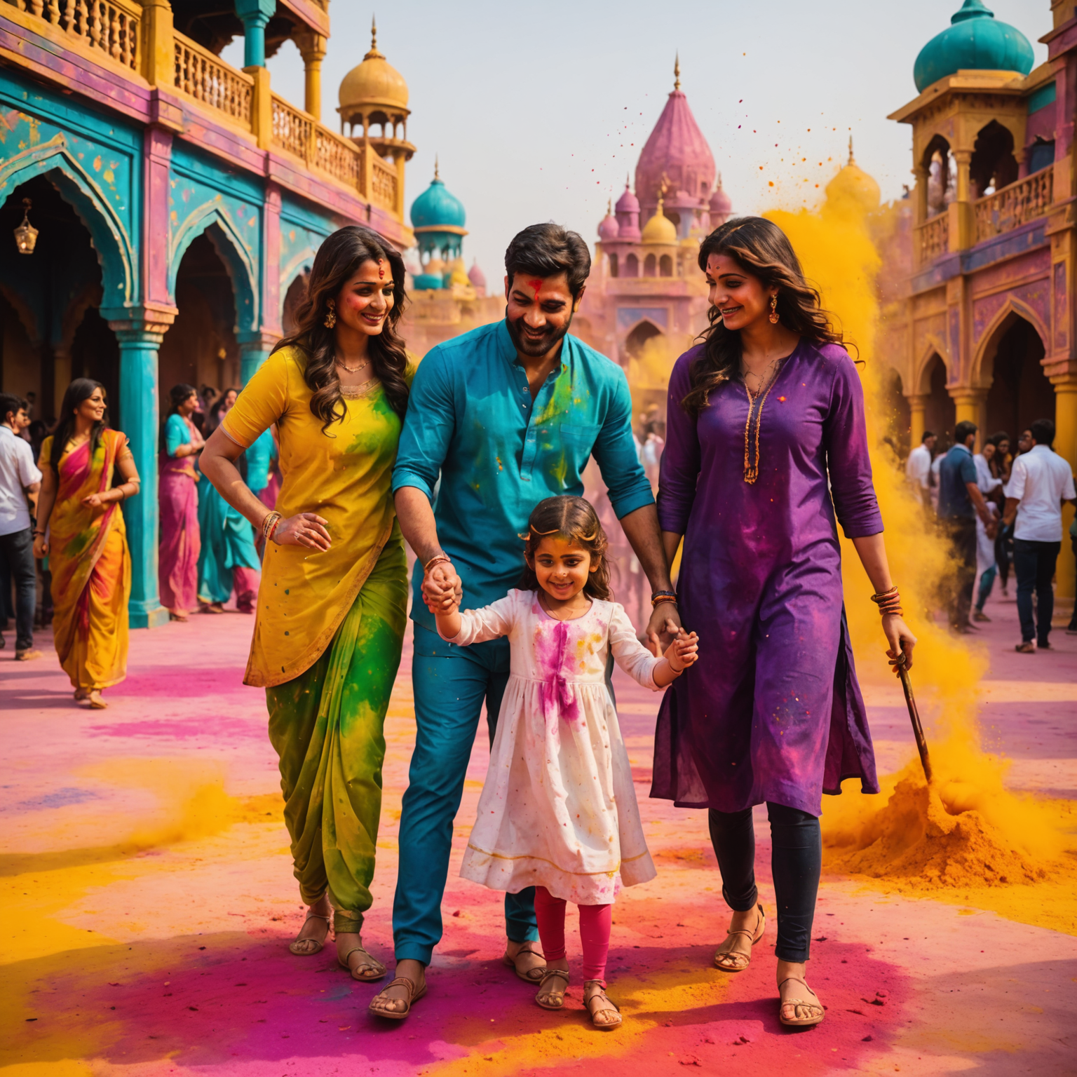 Vibrant Holi celebration at Bollywood Parks Dubai, with guests covered in colorful powder amidst Bollywood-style decorations