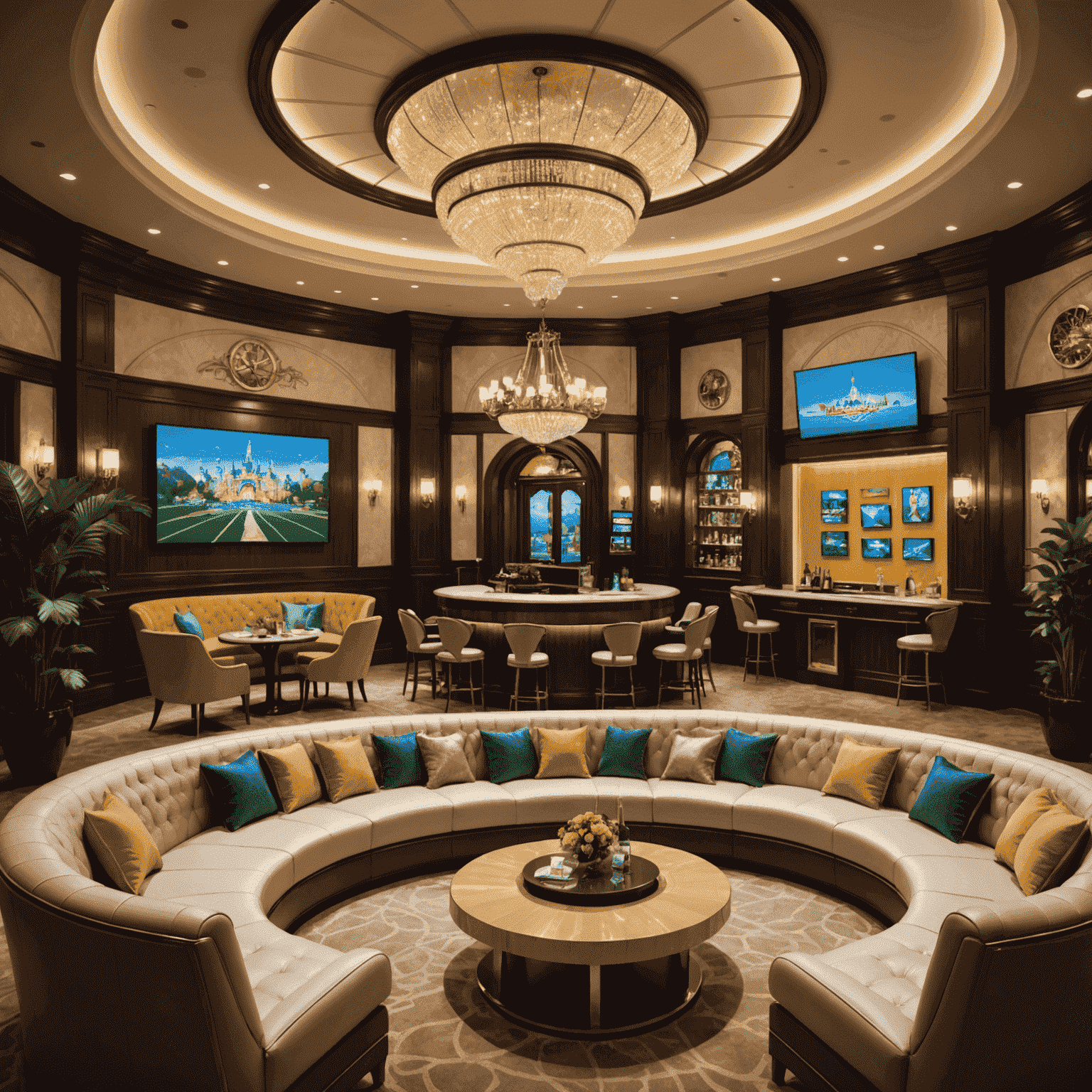 Luxurious VIP lounge in a theme park with comfortable seating, refreshments, and a view of the park