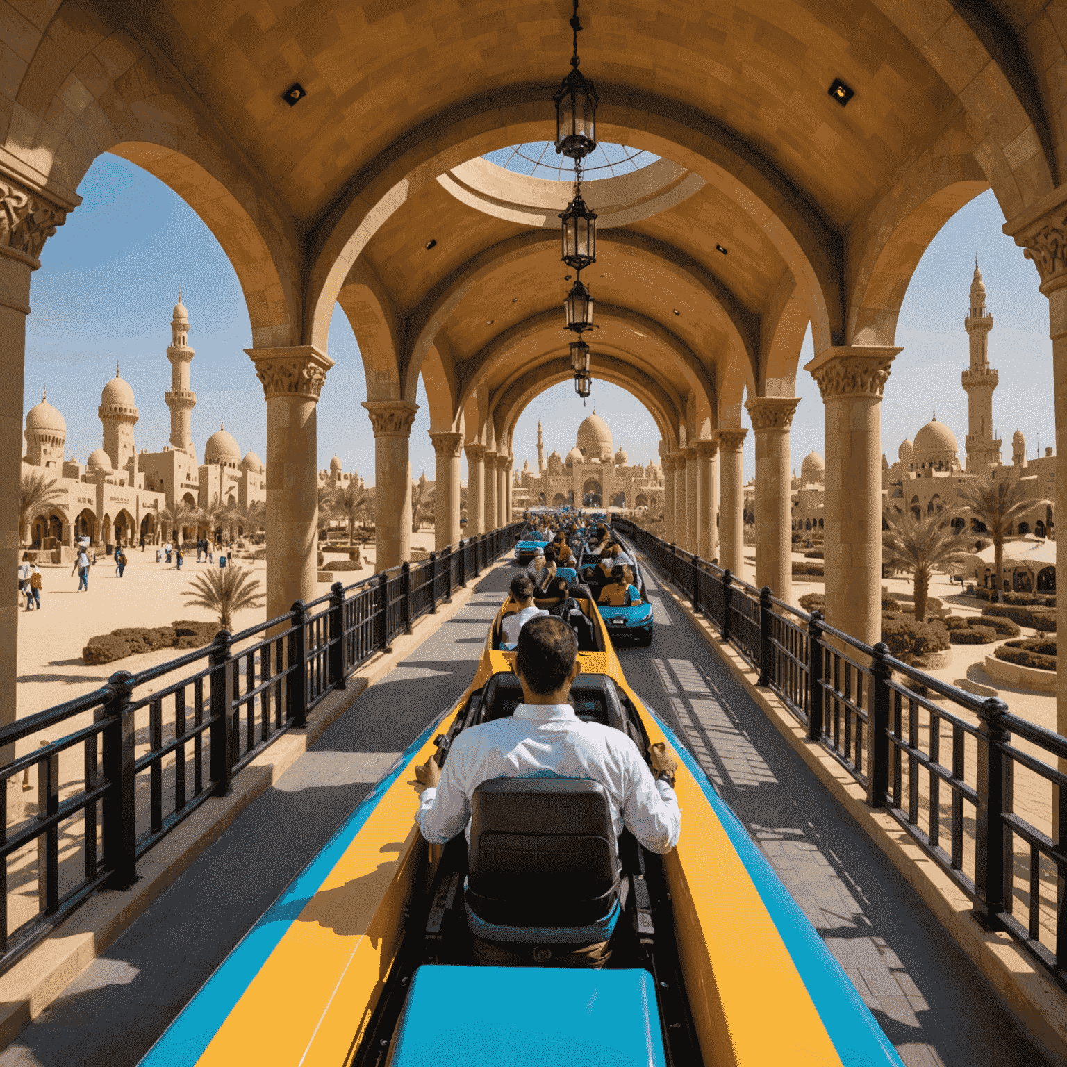 VIP guests enjoying a private guided tour of a Dubai theme park's most thrilling rides