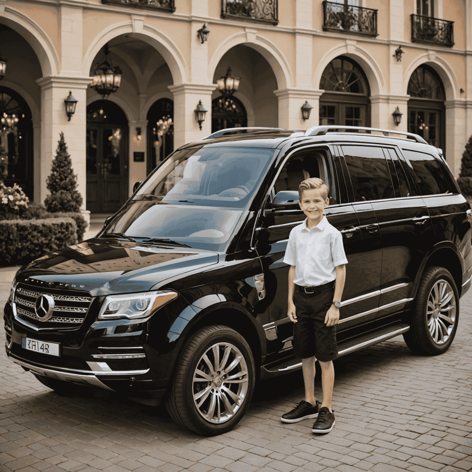 Luxurious black SUV with a professional driver opening the door for a family dressed for a day at a theme park