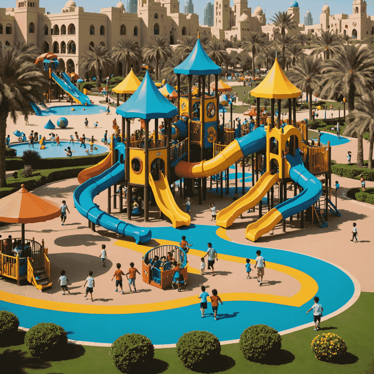 Colorful playground area with families enjoying various kid-friendly attractions in a Dubai theme park