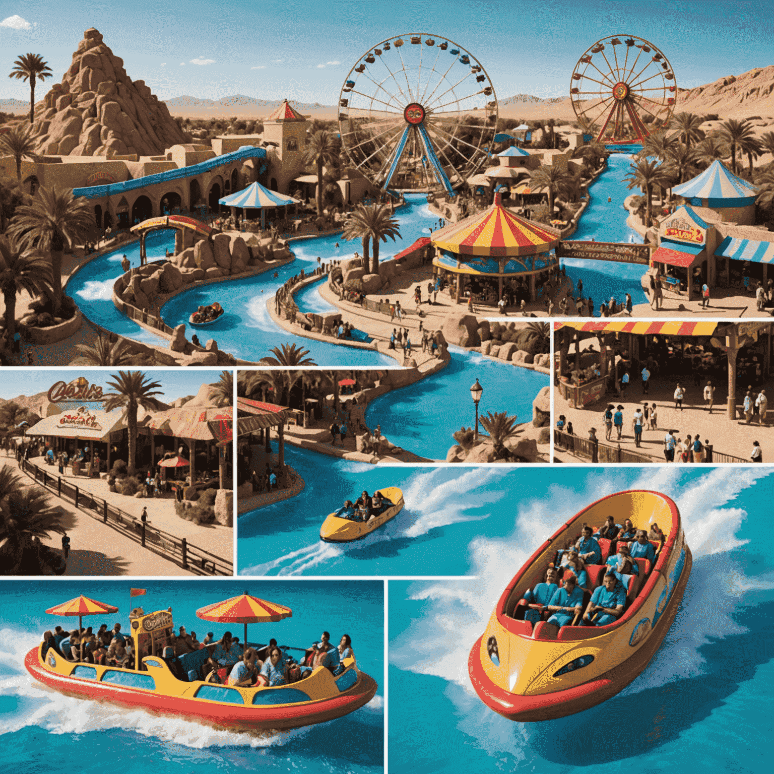 Collage of 'Oasis of Thrills' attractions including the Mirage Rapids water coaster, Bedouin Bazaar marketplace, Genie's Wonder Wheel, and the entrance to the 4D Desert Adventure
