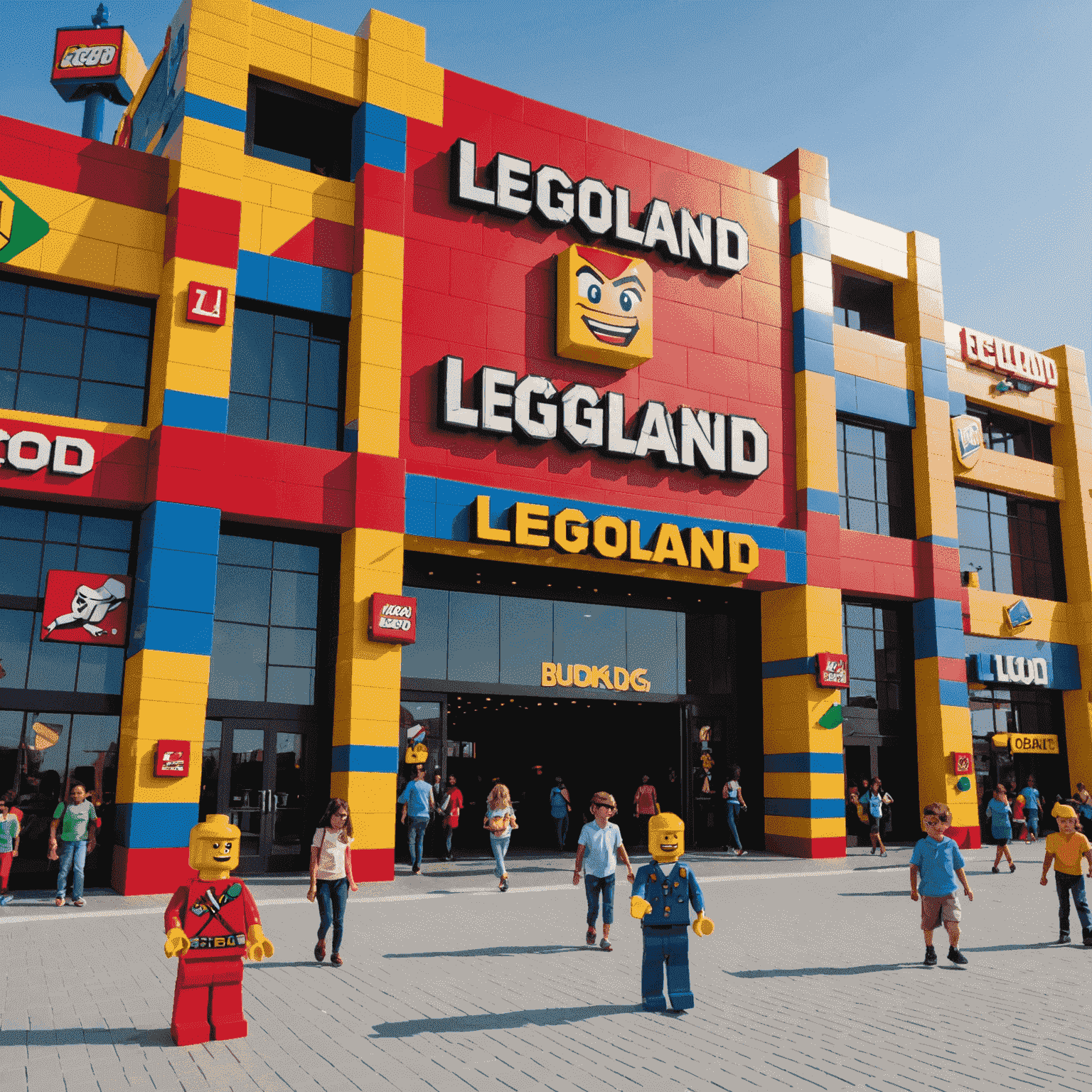 The exterior of LEGOLAND Dubai's new 4D theater, decorated with larger-than-life LEGO figures and vibrant colors
