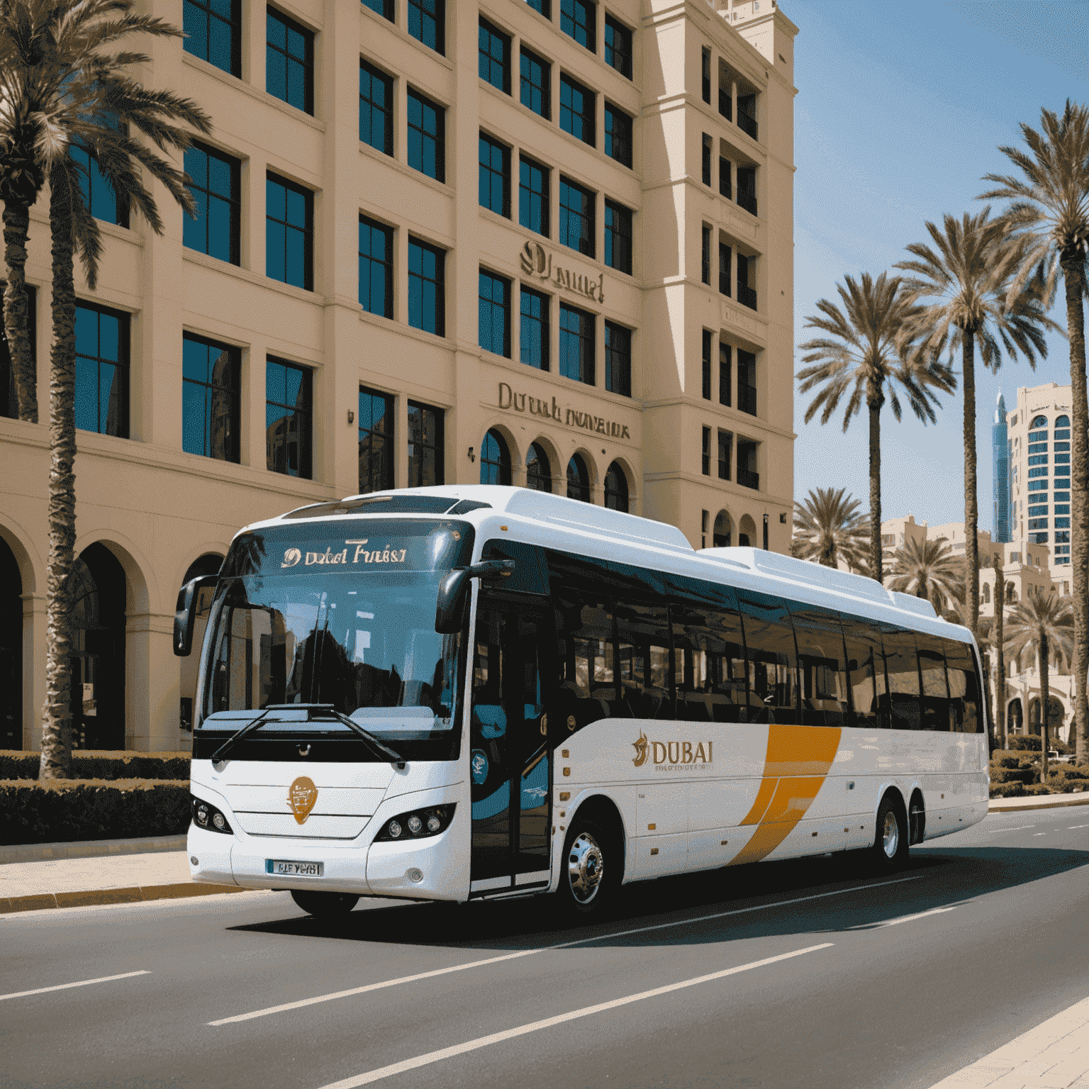 Luxury shuttle bus with theme park branding, picking up passengers in front of a Dubai hotel