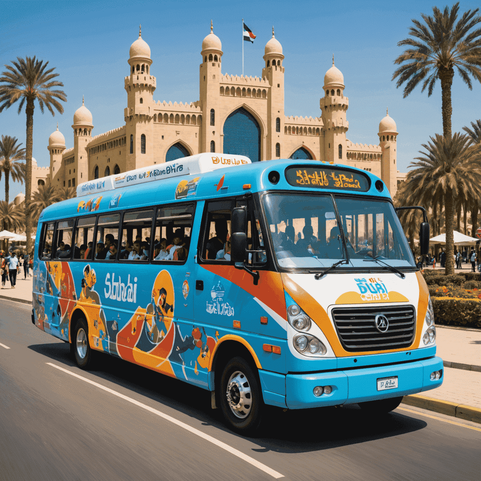 Colorful shuttle bus with Dubai theme park logos, filled with excited passengers of various nationalities