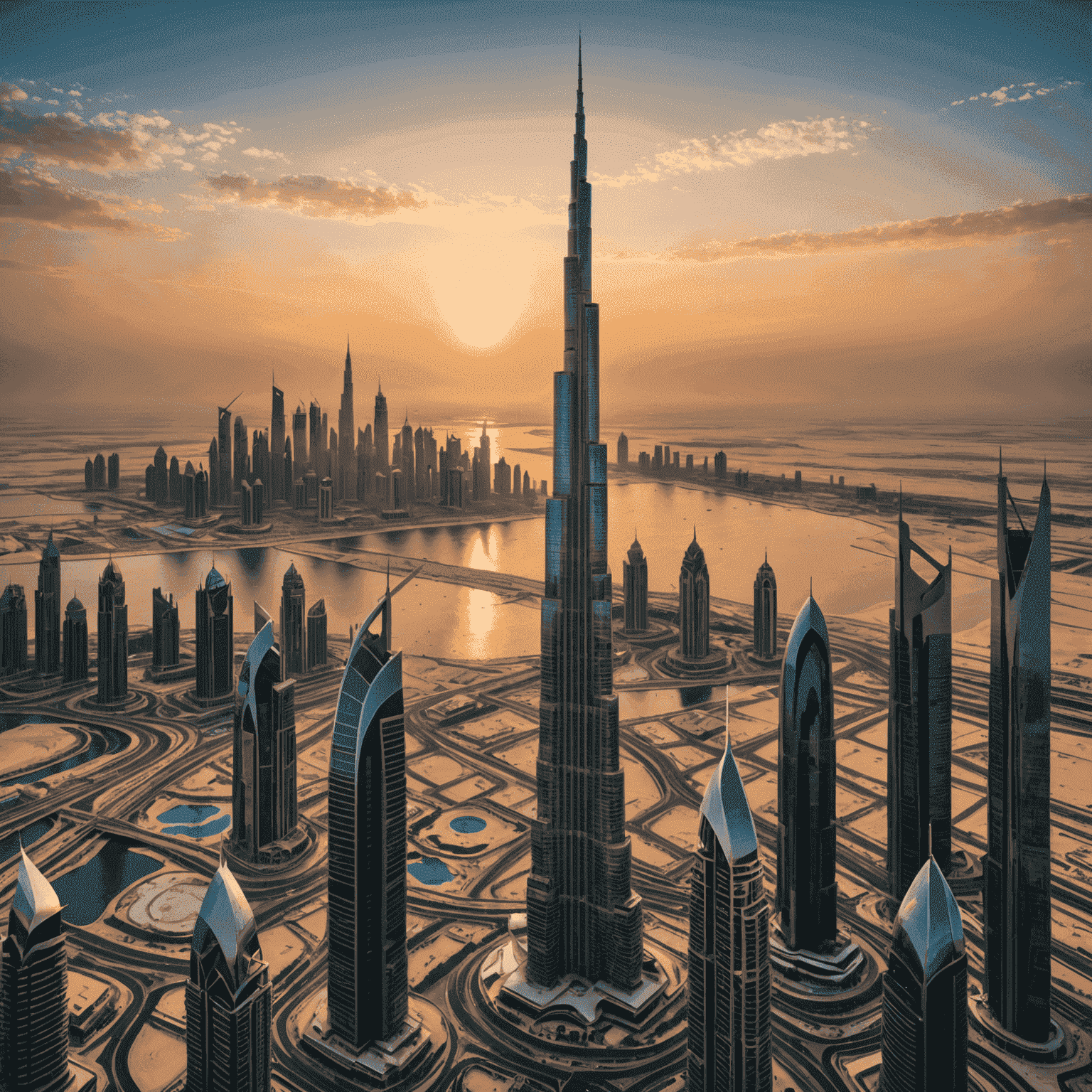 Dubai skyline featuring Burj Khalifa at sunset