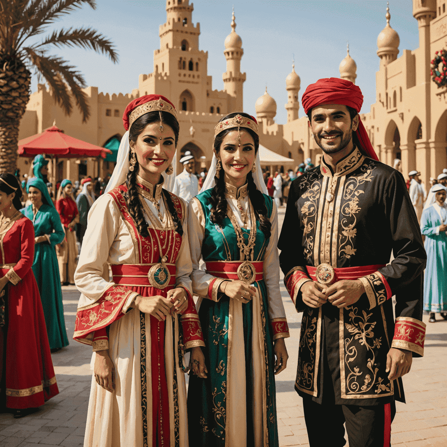 Festive decorations and performers in traditional costumes at a Dubai theme park event