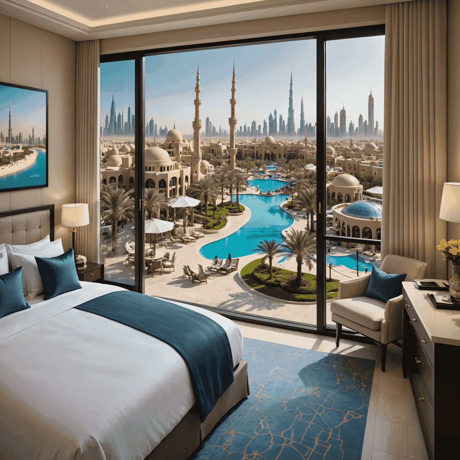 Luxurious hotel room with a balcony overlooking a Dubai theme park, with park tickets and amenities on the bed