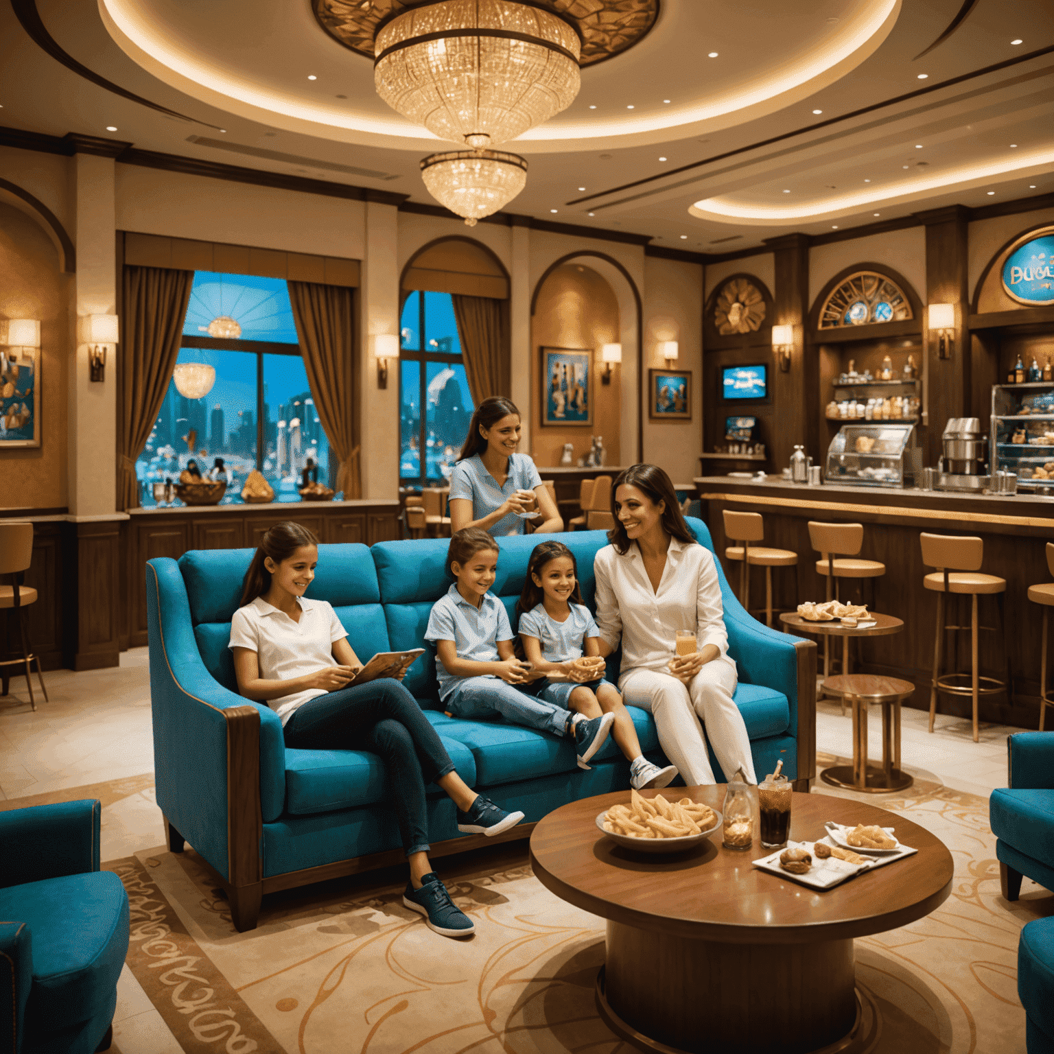Happy family enjoying VIP lounge amenities with refreshments and comfortable seating in a Dubai theme park