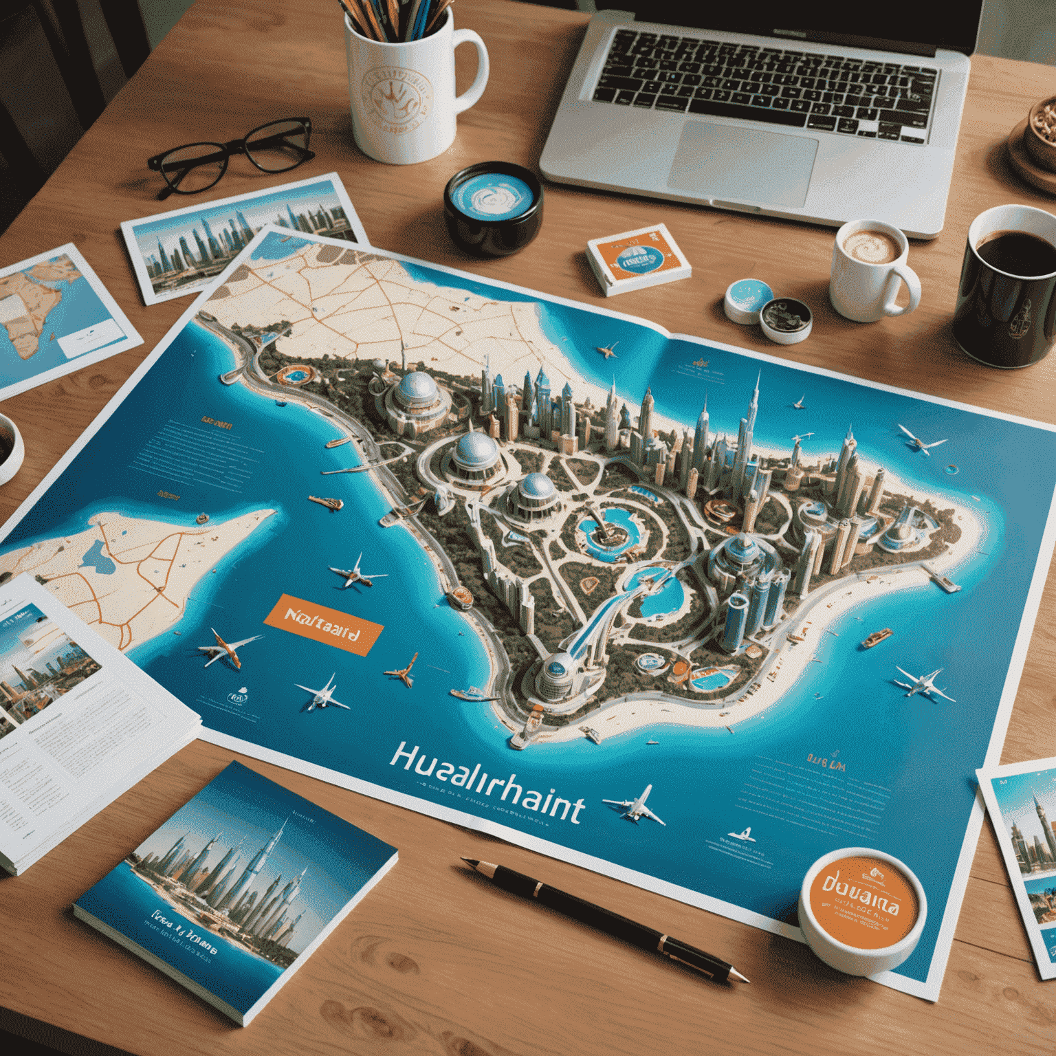 Personalized travel itinerary with theme park tickets, Dubai skyline photos, and attraction maps spread out on a desk